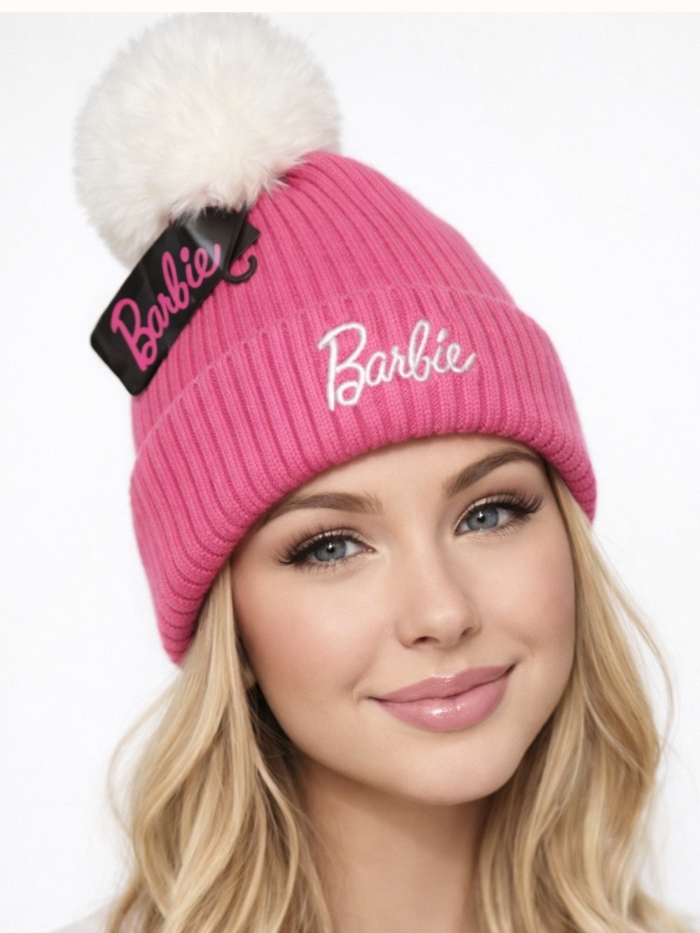 Barbie Hat Pink Ribbed Knit Beanie Cap Faux Fur Pom Pom Mattel Y2K Coquette
O